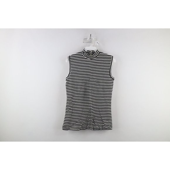 Vtg 70s Macys Womens Medium Striped Half Zip Knit Sleeveless Shirt Black White - Picture 1 of 8